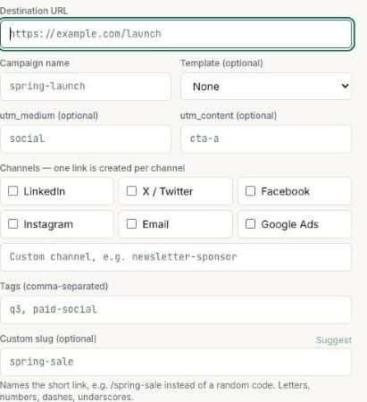 AI-assisted slug & campaign naming, screenshot from the UTMLoop app