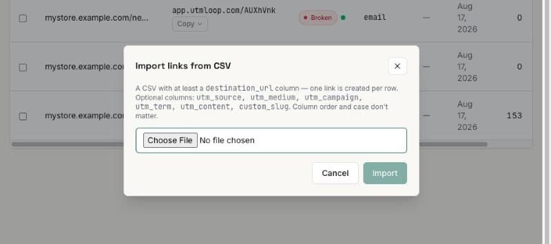 CSV bulk import, export & bulk editing, screenshot from the UTMLoop app