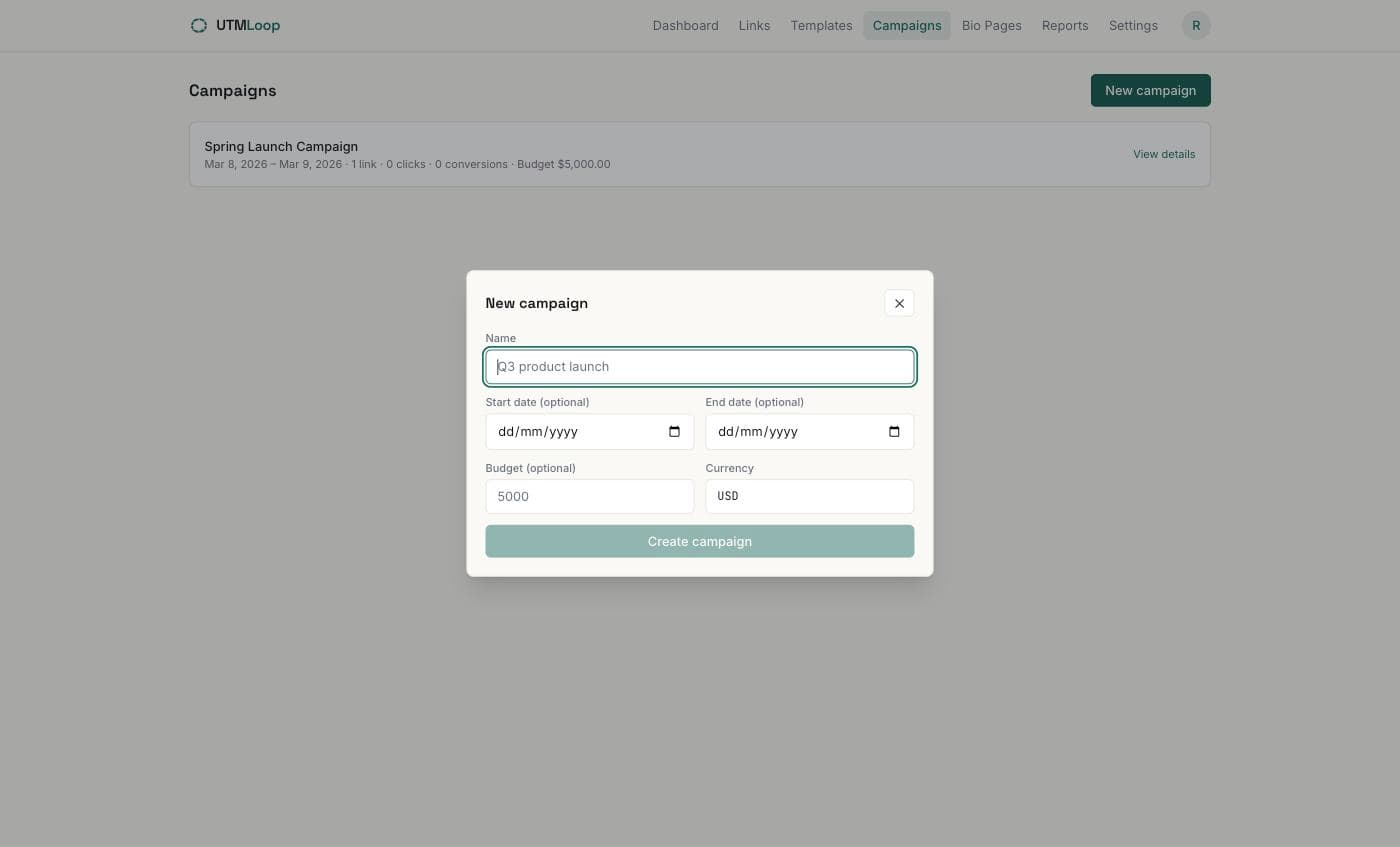 Campaigns as a first-class object, screenshot from the UTMLoop app