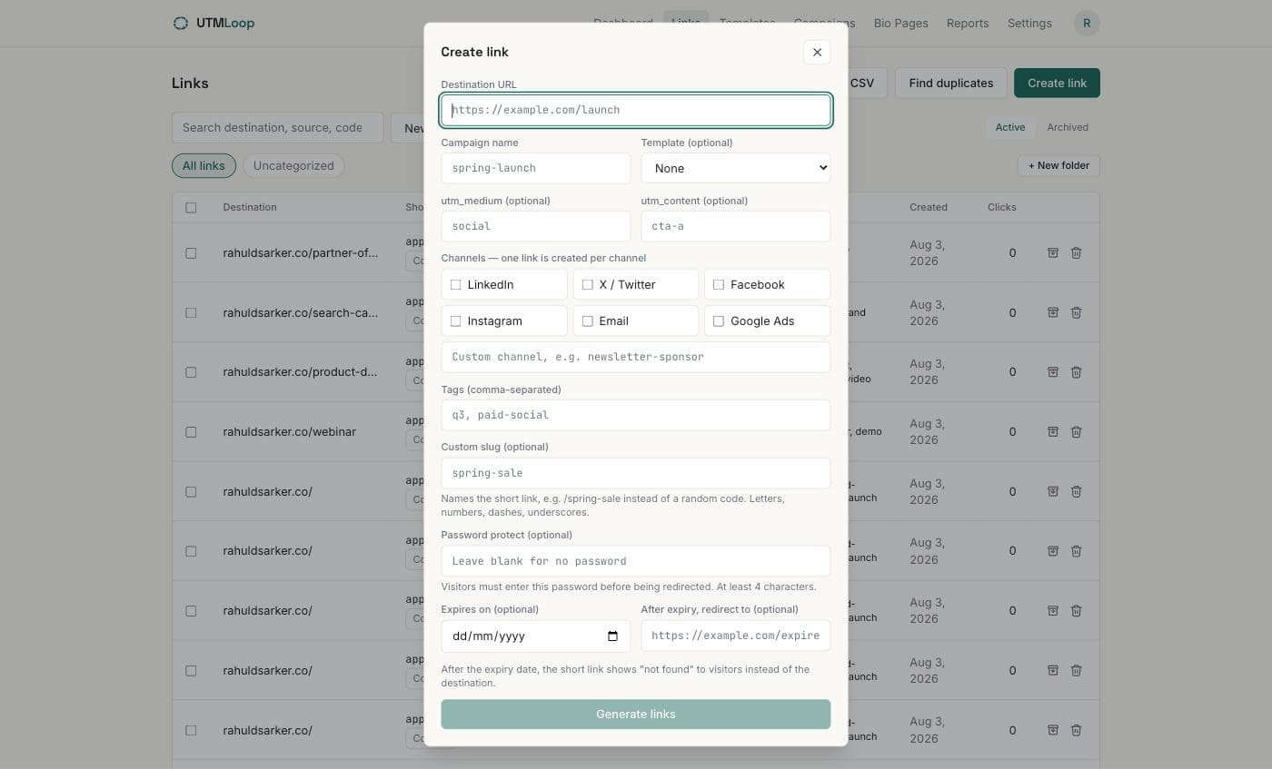 Generate for every channel at once, screenshot from the UTMLoop app