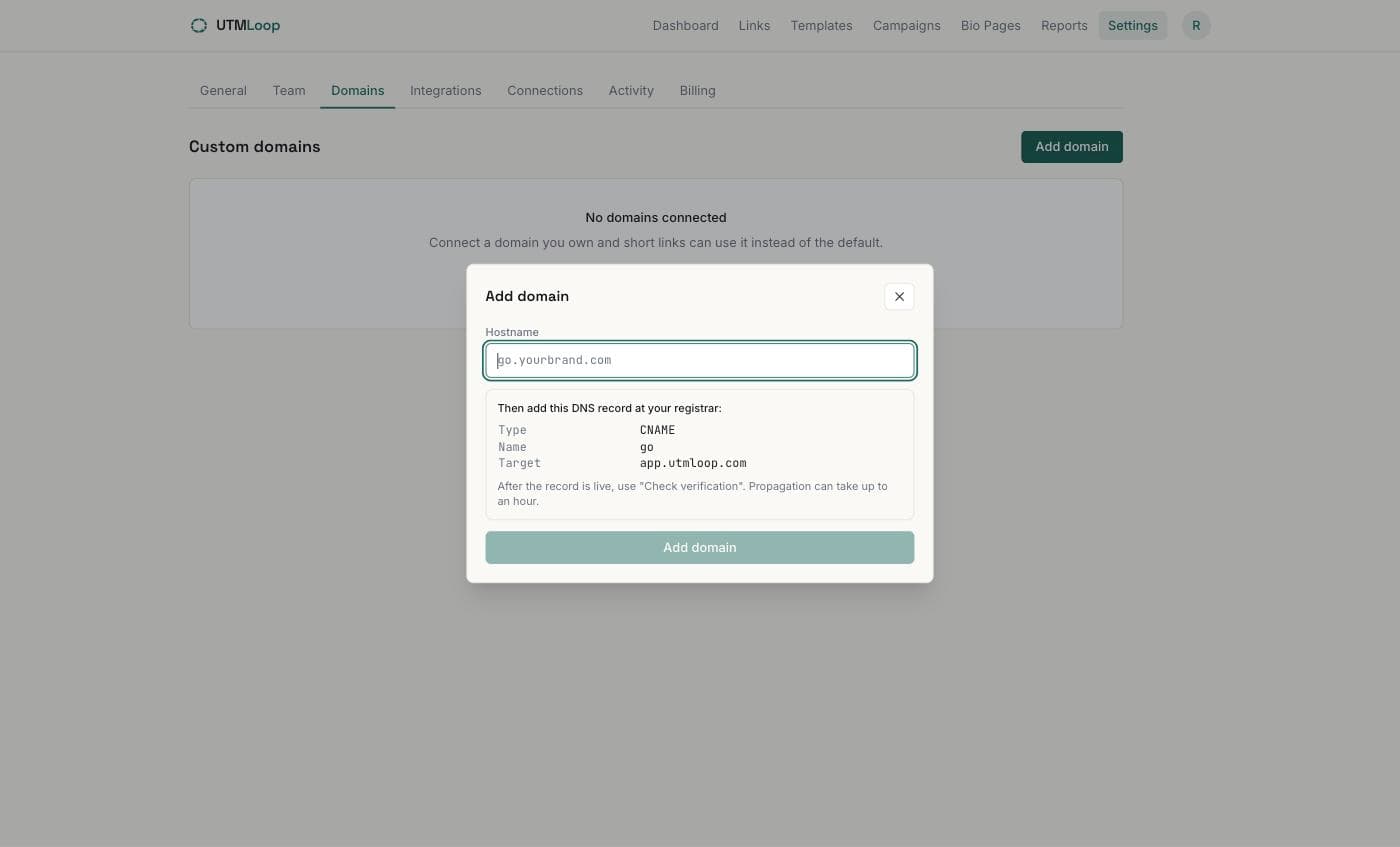 Custom domains with proactive health monitoring, screenshot from the UTMLoop app