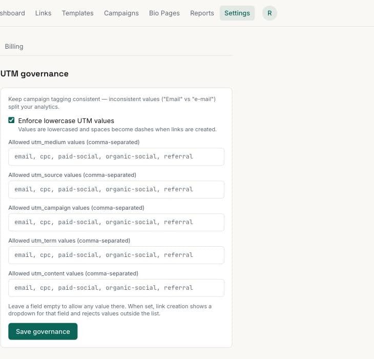 Roles, activity logs & UTM governance, screenshot from the UTMLoop app
