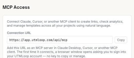 MCP Server & AI Agent Integration, screenshot from the UTMLoop app