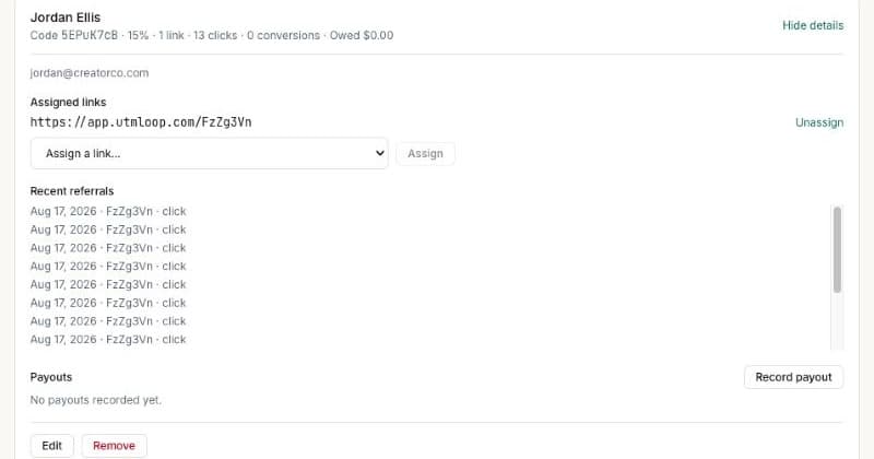 Partner & affiliate referral tracking, screenshot from the UTMLoop app