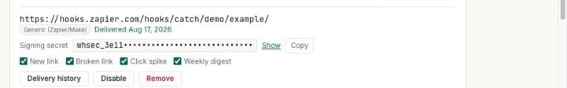 Real-time click-spike webhook alerts, screenshot from the UTMLoop app