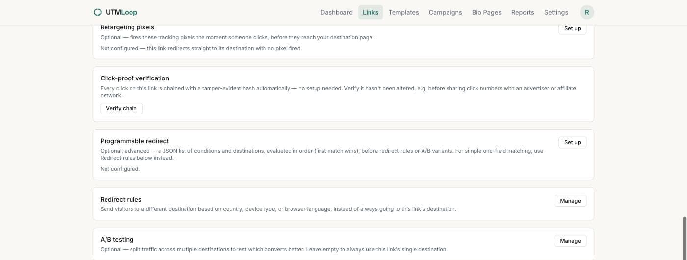 Redirect intelligence in the hot path, screenshot from the UTMLoop app