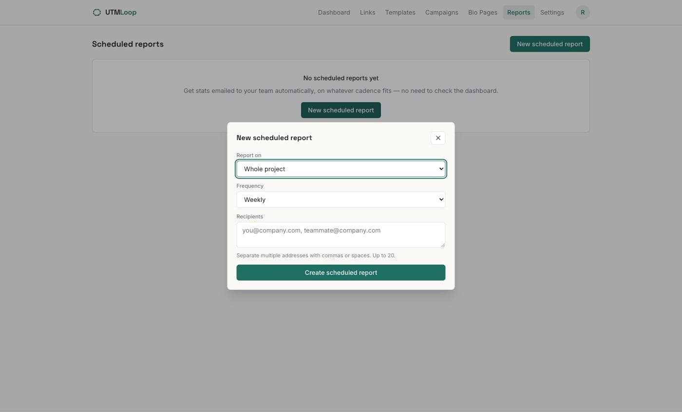 Scheduled & recurring email reports, screenshot from the UTMLoop app