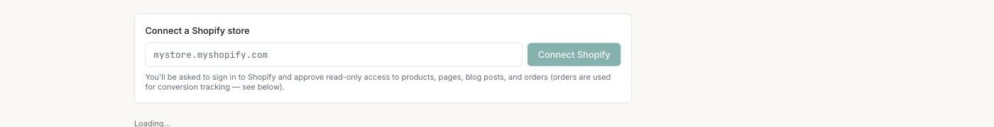 Shopify integration, screenshot from the UTMLoop app