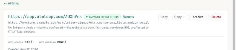 A clean link shortener, free, screenshot from the UTMLoop app