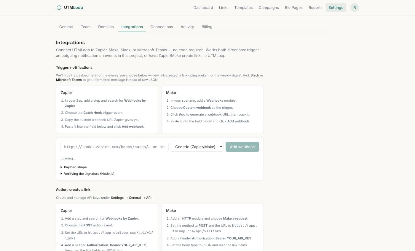 Outgoing Webhooks & Public API, screenshot from the UTMLoop app