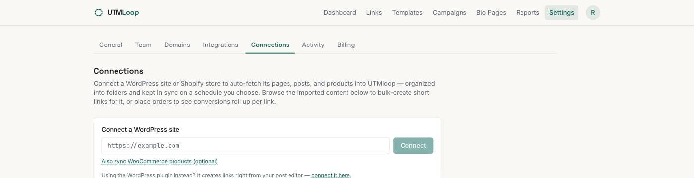 WordPress plugin, screenshot from the UTMLoop app